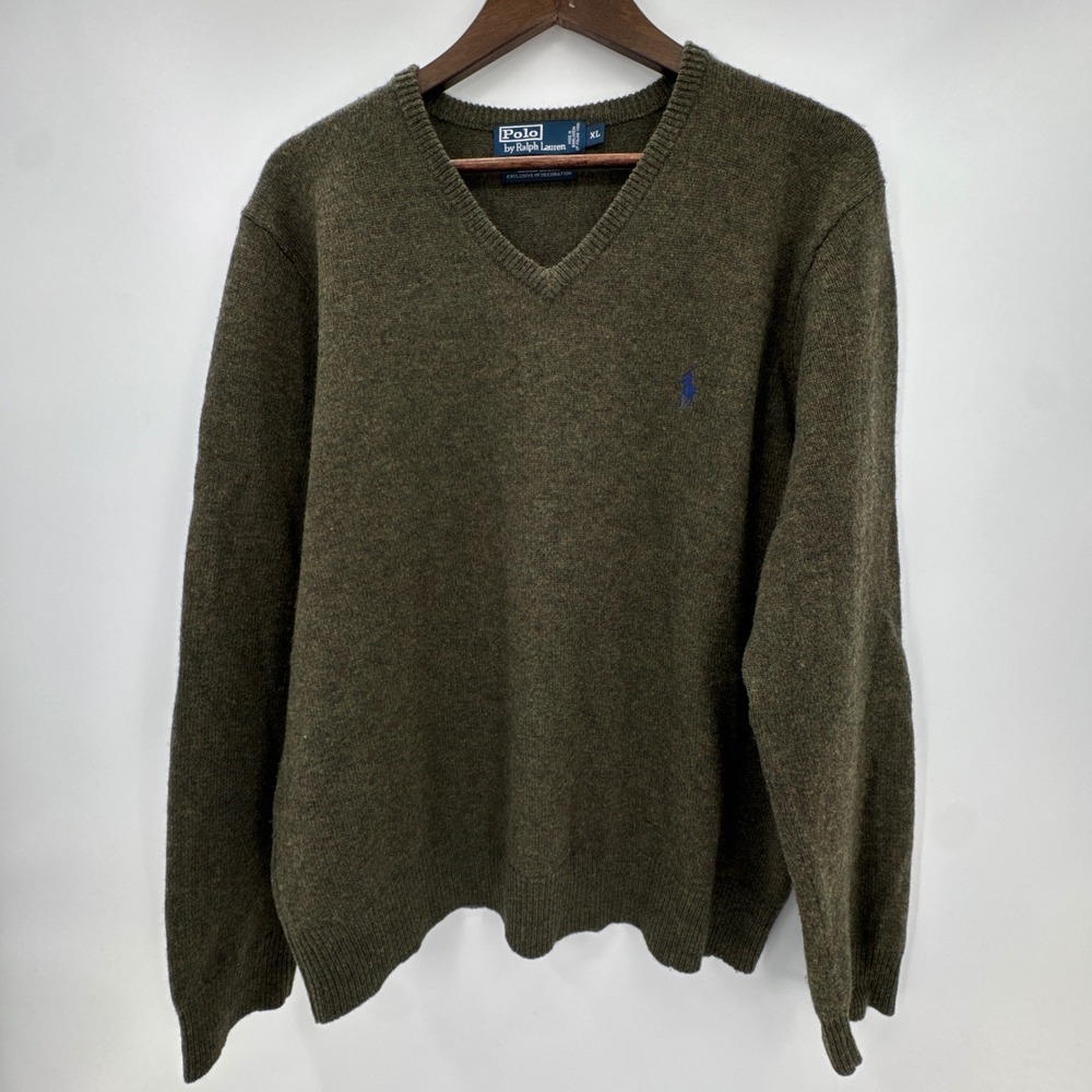 Polo Ralph Lauren Sweater Mens XL Olive Green Lambs Wool Pony V-Neck Pullover